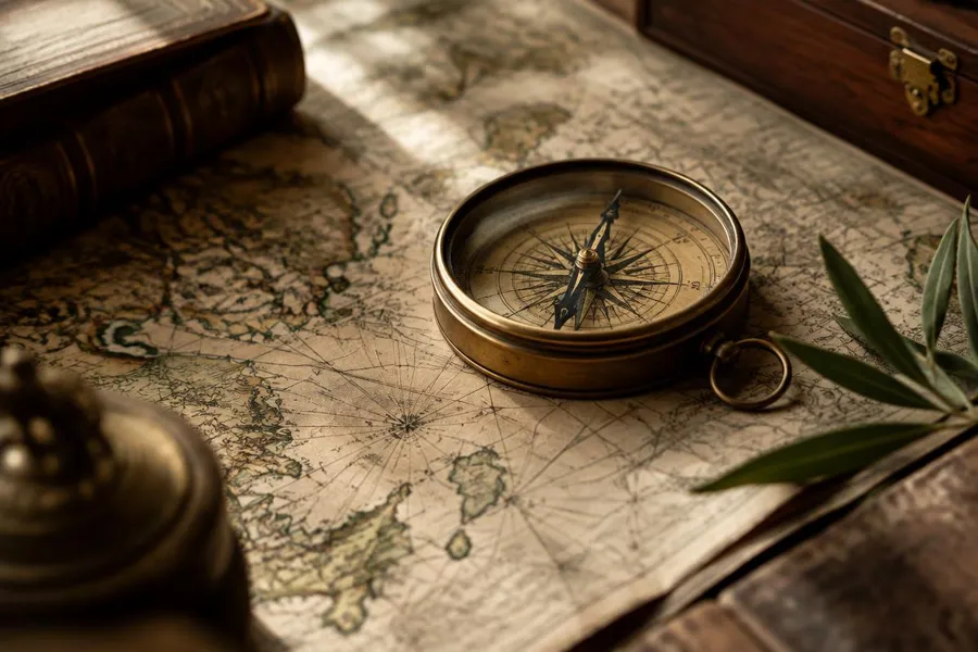 Bússola de latão sobre um mapa cartográfico antigo