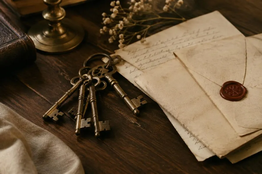 Chaves antigas e cartas familiares lacradas sobre mesa de madeira