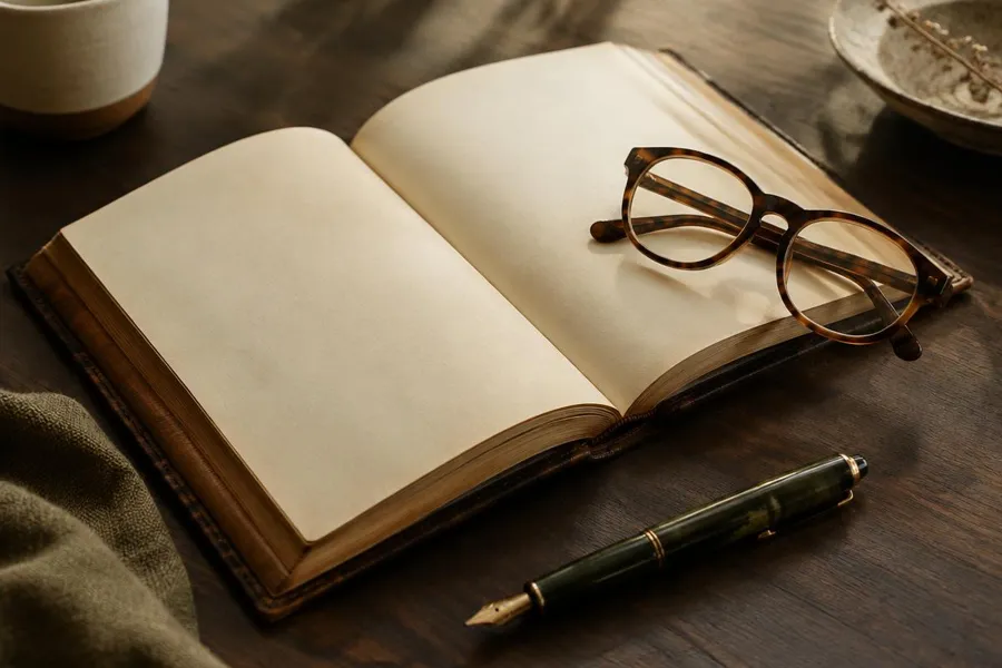Livro aberto, caneta-tinteiro e óculos de leitura sobre a mesa