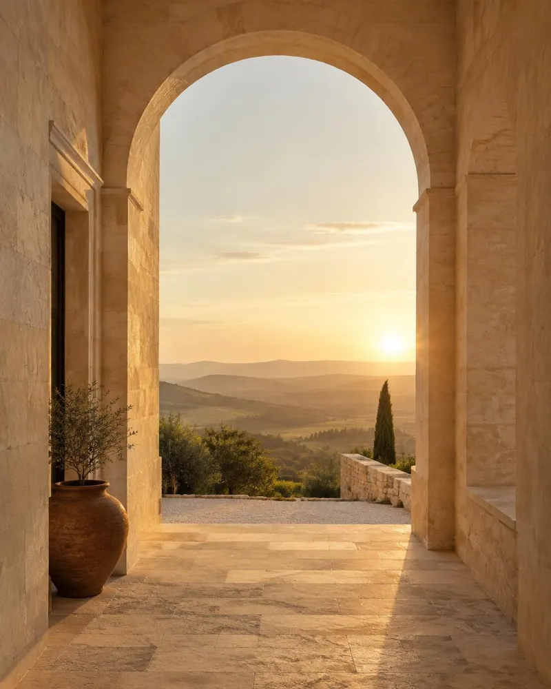 Arco de pedra clara que se abre para um horizonte de colinas iluminado pela luz dourada do fim de tarde